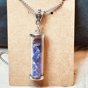 Raw Purple Amethyst Chip Genuine Crystals in Vial on Stainless Steel Chain